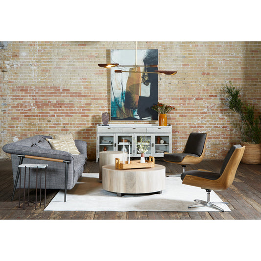 Astrid Double Pendant by Four Hands in dark brown leather, antique brass. Made from top grain leather, solid walnut, iron in a modern style.