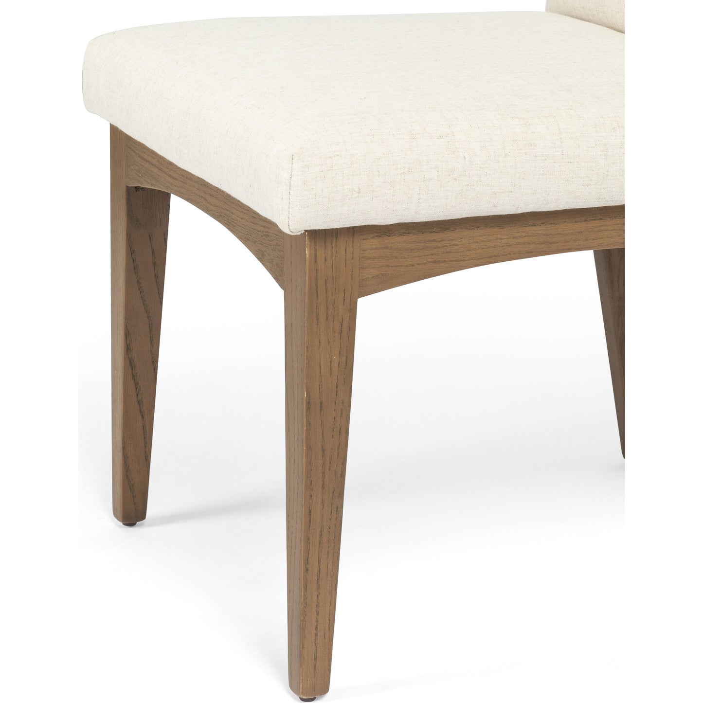 008 SI-1715160 | Closeup | Elsie Dining Chair by Four Hands in savile flax, satin brass, honey oak and honey oak, savile flax. Made from 92% polyester, 8% flax, linen, solid oak, stainless steel in a eclectic & global style.