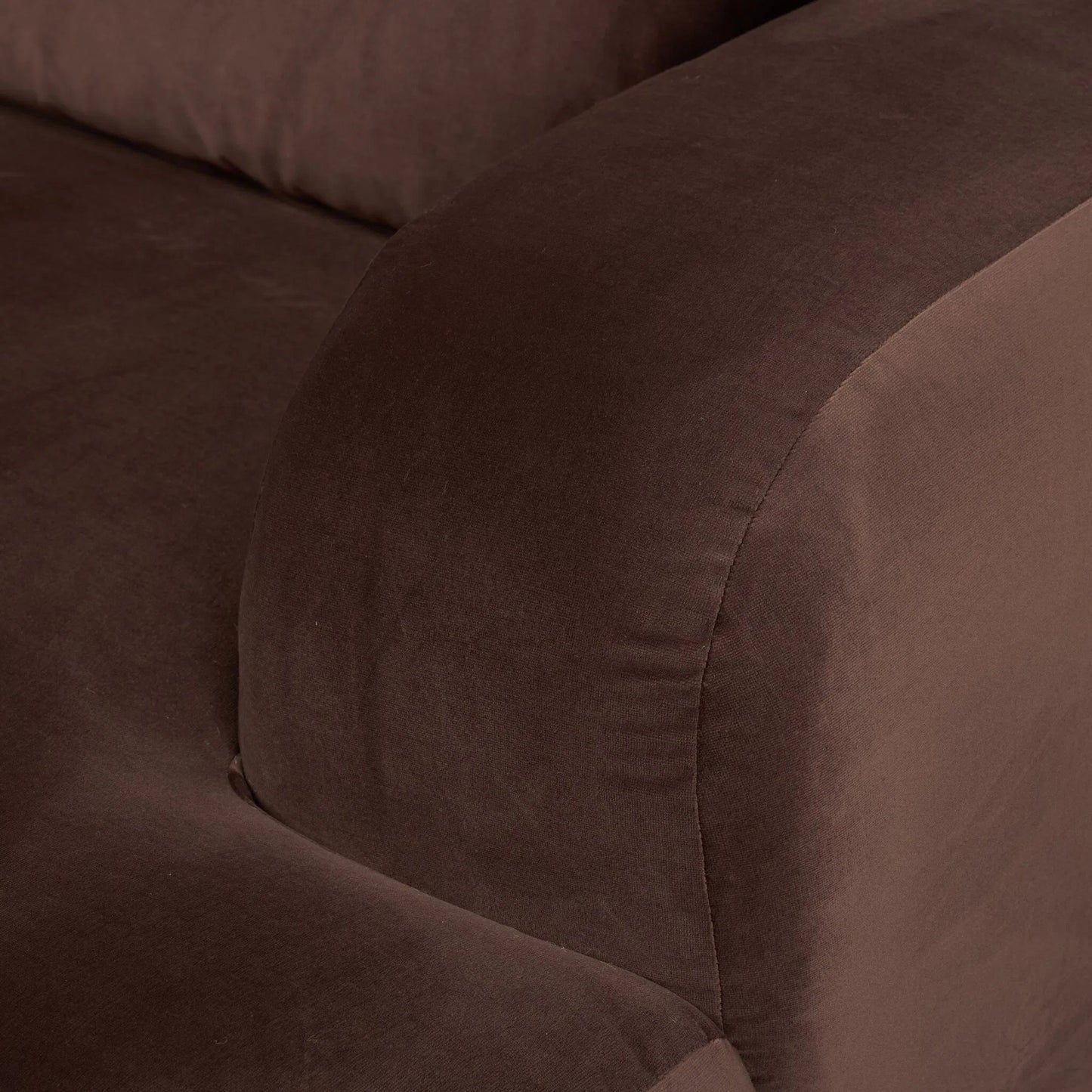 006 SI-2327542 | Closeup | Benito Sofa by Four Hands in surrey cocoa, distressed sienna. Made from 76.8% cotton, 23.2% polyester, solid rosa morada in a unique style.