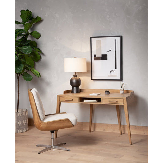 Burbank Desk Chair by Four Hands in elder sand, polished pewter, toasted ash veneer. Made from 100% polyester, ash veneer, aluminum in a modern style.