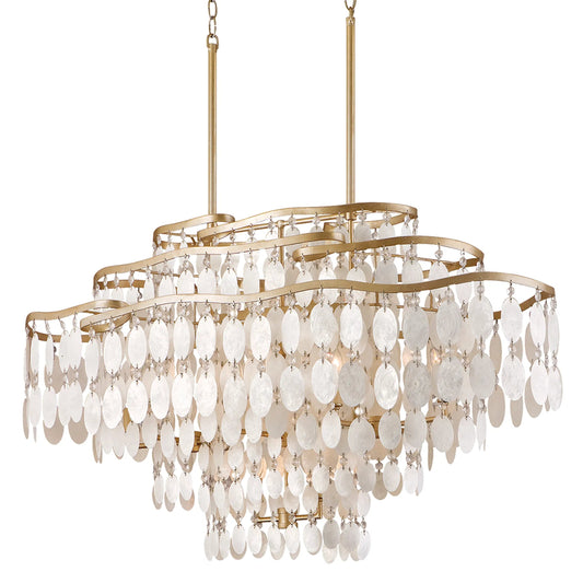 Dolce 12-Light Linear Chandelier by Corbett in champagne leaf. Made from hand worked iron in a modern style.