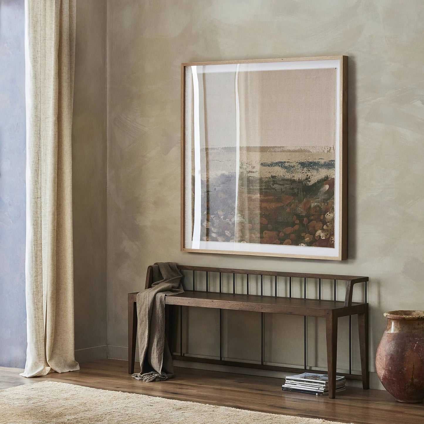013 SI-1715621 | Lifestyle | Howard Bench by Four Hands in gunmetal, pecan and pecan. Made from solid mango, iron in a modern style.