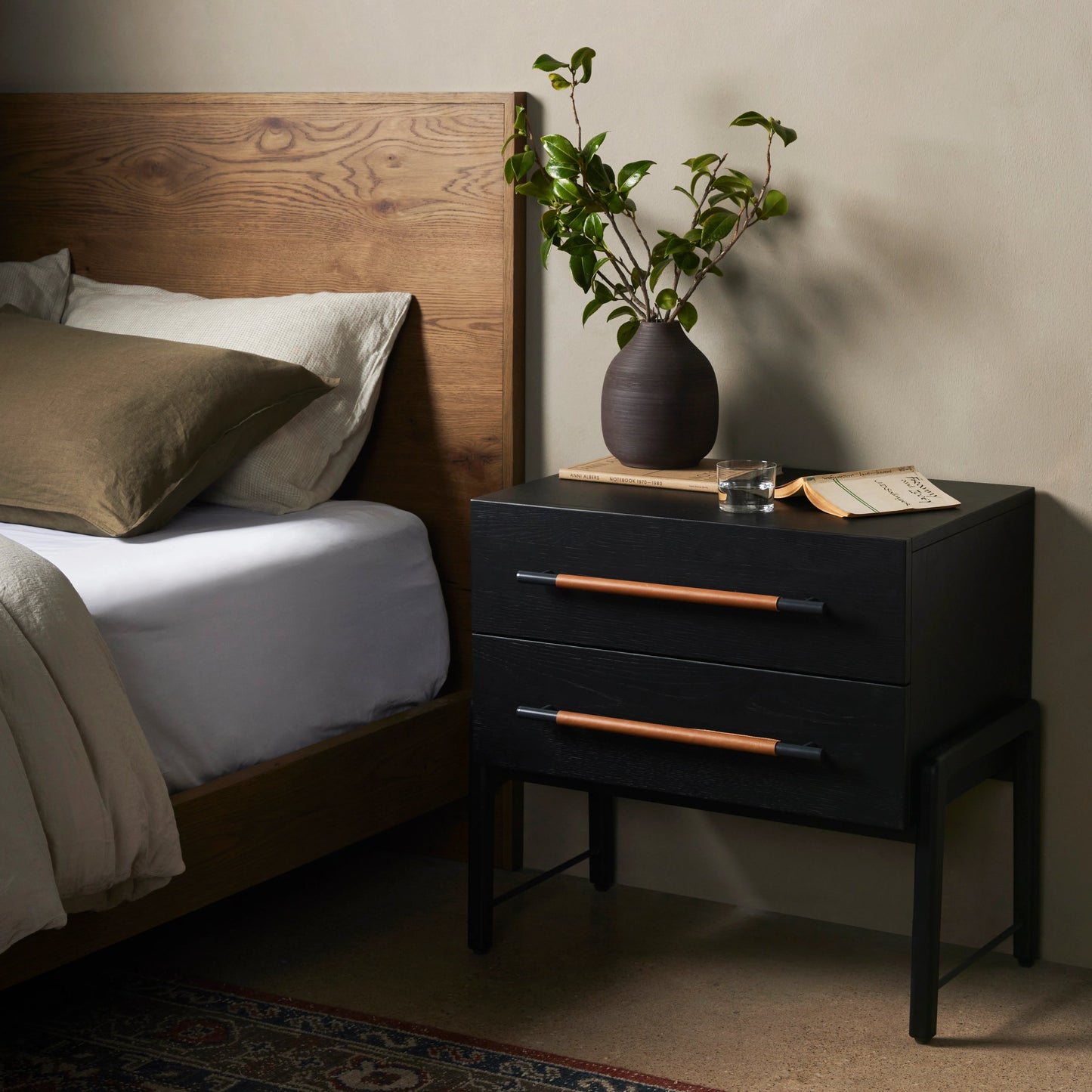 023 SI-1977751 | Lifestyle | Rosedale Nightstand by Four Hands. Made from oak veneer, top grain leather in a modern style.