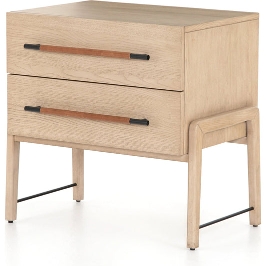 Rosedale Nightstand by Four Hands. Made from oak veneer, top grain leather in a modern style.