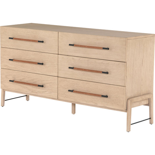 Rosedale 6 Drawer Dresser by Four Hands. Made from oak veneer, top grain leather in a modern style.