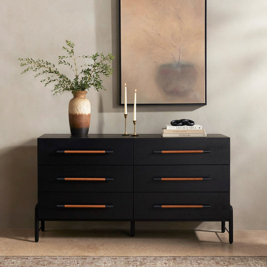 Rosedale 6 Drawer Dresser by Four Hands. Made from oak veneer, top grain leather in a modern style.