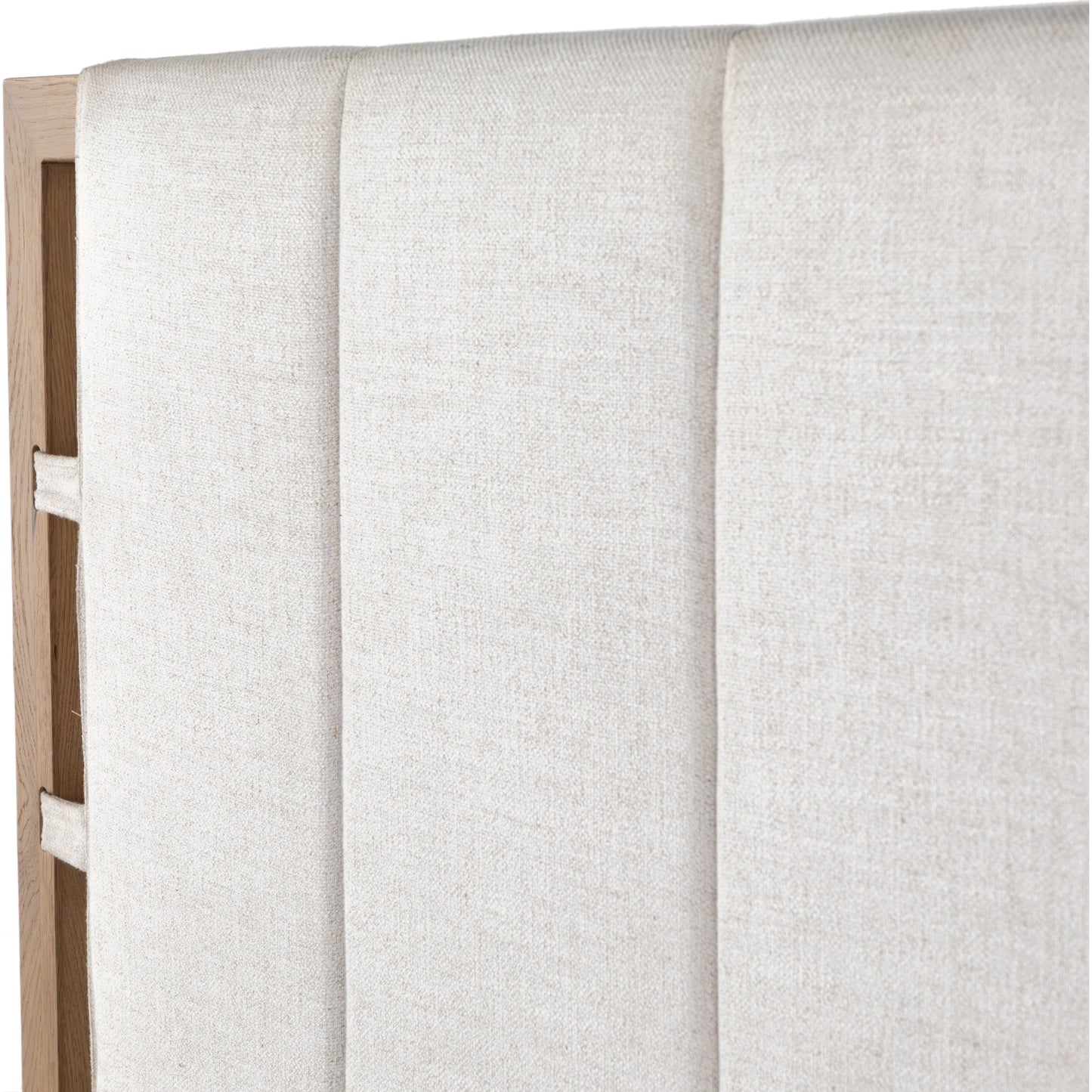 060 SI-1980105 | Closeup | Barnett Bed by Four Hands in burnished oak, dover crescent. Made from 71% viscose (rayon), 17% polyester, 12% flax, linen, solid oak in a modern style.