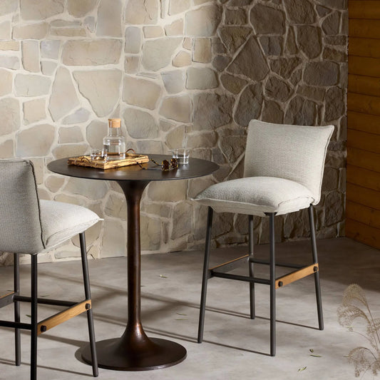 Vega Outdoor Bar Stool by Four Hands in faye sand. Made from 100% olefin, aluminum, solid fsc®-certified teak in a modern style.