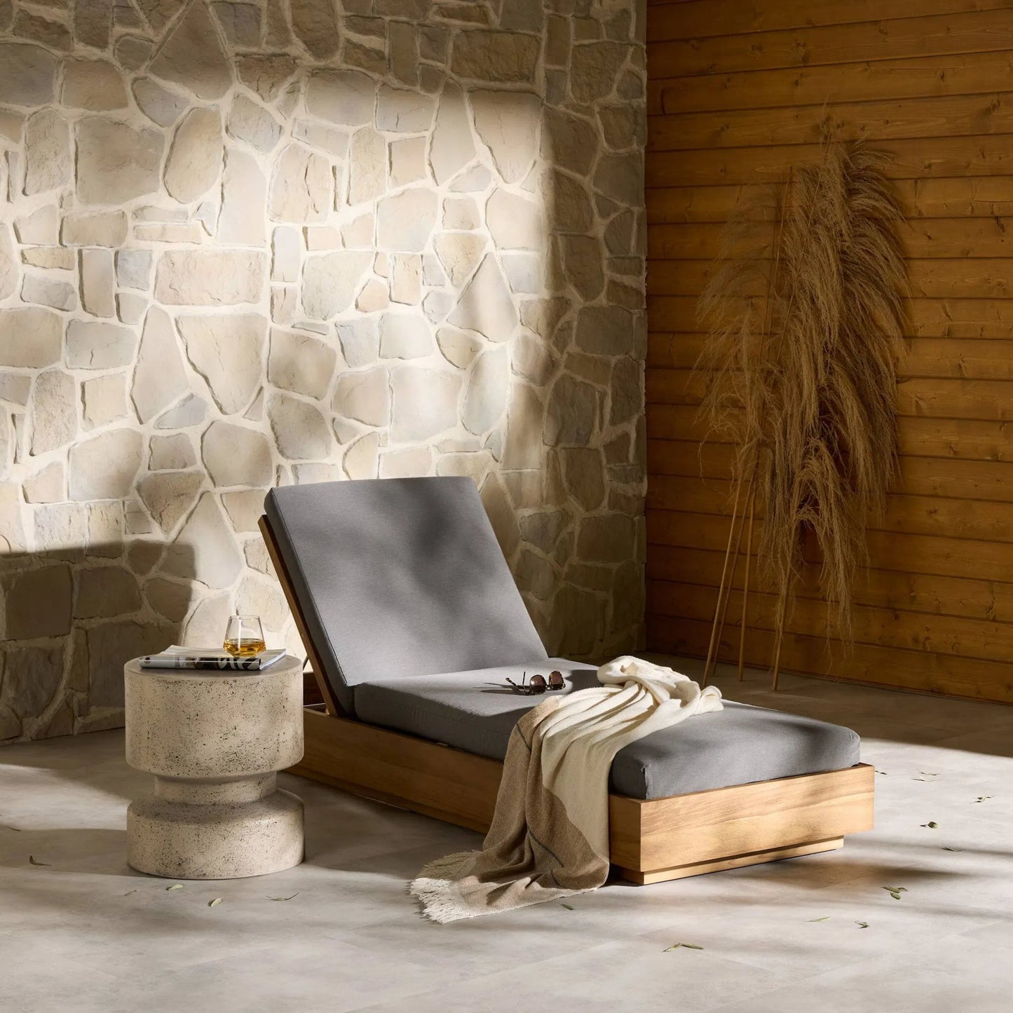 046 SI-1715818 | Lifestyle | Kinta Outdoor Chaise by Four Hands in natural teak-fsc. Made from 100% olefin, solid fsc®-certified teak, 91% polyurethane foam pad, 9% polyester fiber batting in a rustic style.