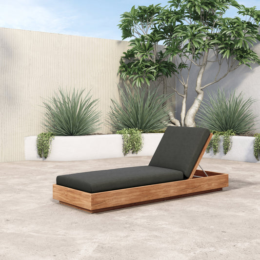 Kinta Outdoor Chaise by Four Hands in natural teak-fsc. Made from 100% olefin, solid fsc®-certified teak, 91% polyurethane foam pad, 9% polyester fiber batting in a rustic style.