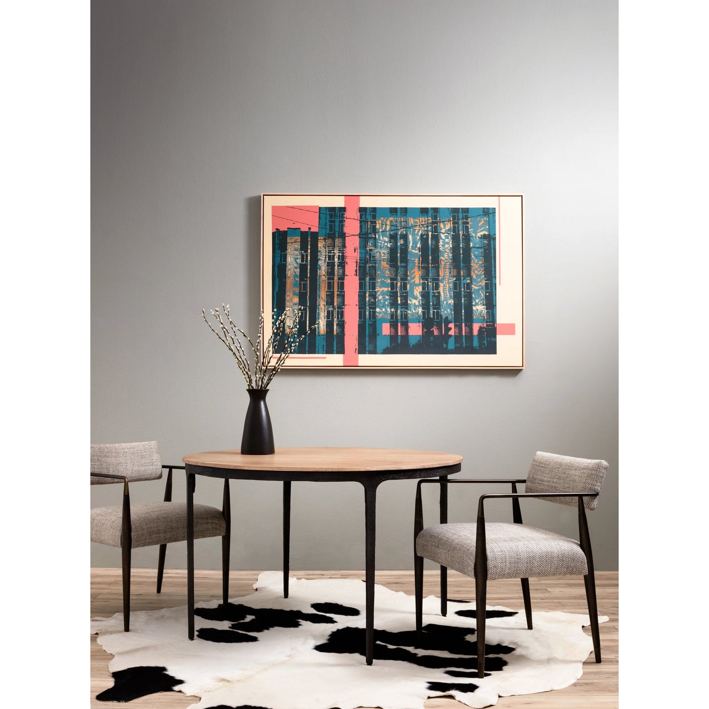 014 SI-1977902 | Lifestyle | Waldon Dining Armchair by Four Hands in sierra brown, thames coal. Made from 66% polyester, 19% acrylic, 15% flax, linen, solid parawood, iron in a modern style.