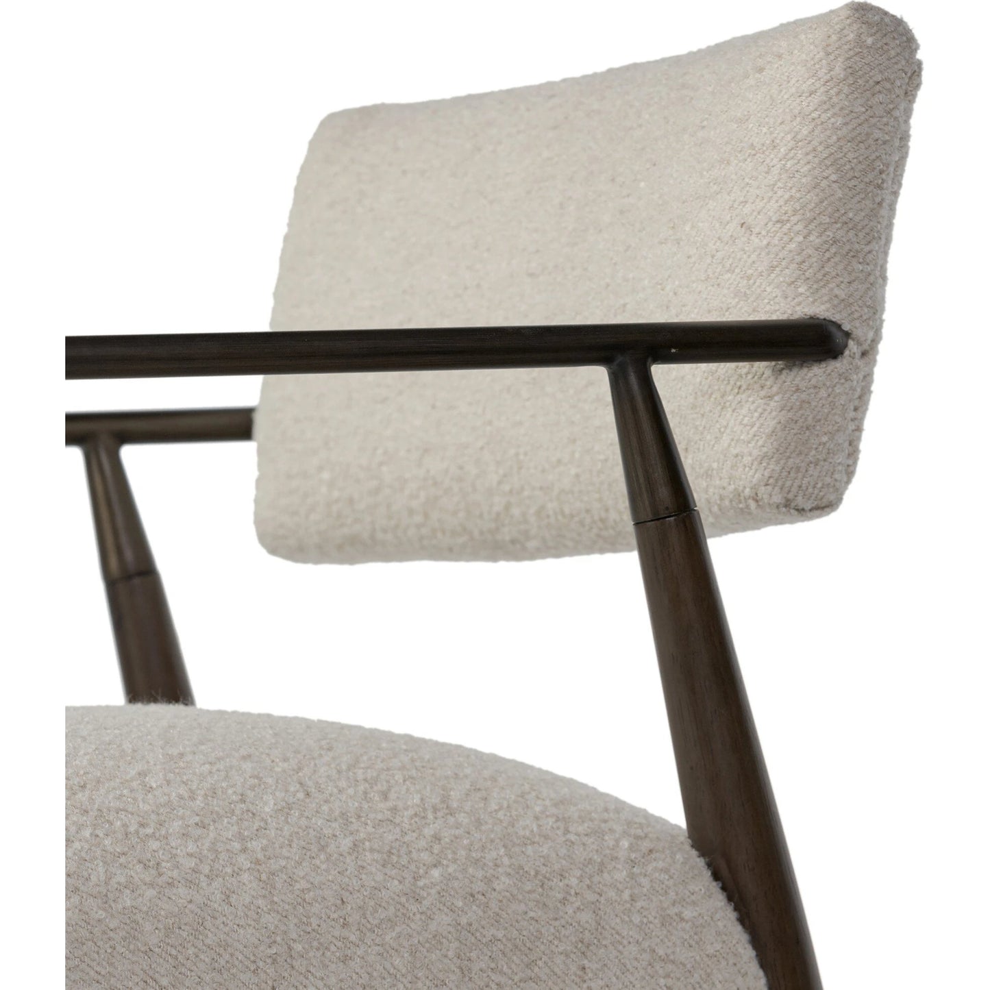 011 SI-2137680 | Closeup | Waldon Dining Chair by Four Hands in charter oatmeal and sierra brown, aged bronze. Made from 69% polyester, 23% acrylic, 8% flax, linen, solid parawood, iron in a modern style.