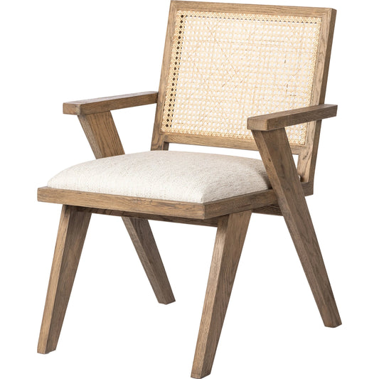 Flora Dining Chair by Four Hands in avant natural, drifted plank grey, natural cane. Made from 74% polyester, 26% acrylic, solid oak, cane in a coastal style.