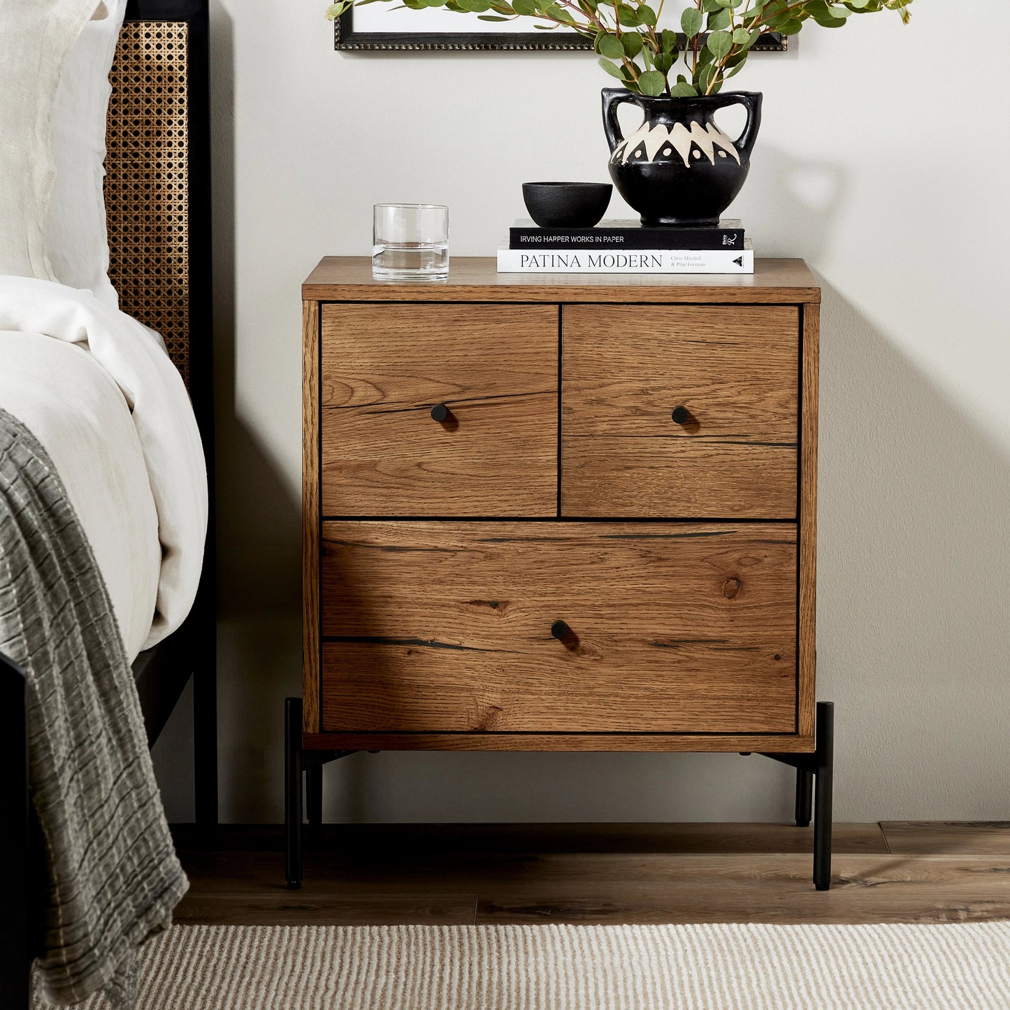 025 SI-1977278 | Lifestyle | Eaton Nightstand by Four Hands. Made from thick oak veneer, iron in a rustic style.