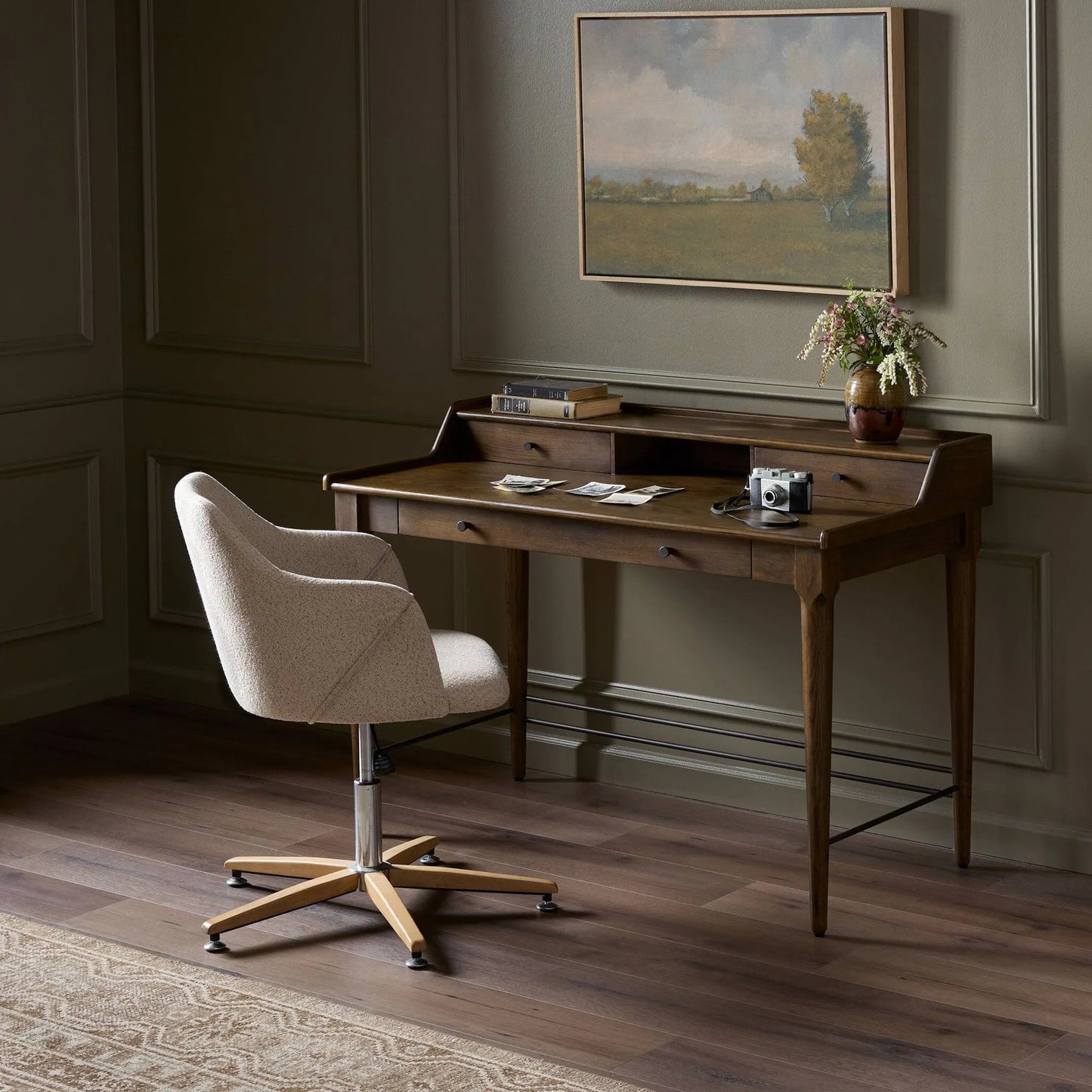 014 SI-1716161 | Lifestyle | Moreau Writing Desk by Four Hands in dark toasted oak. Made from solid oak, iron in a rustic style.