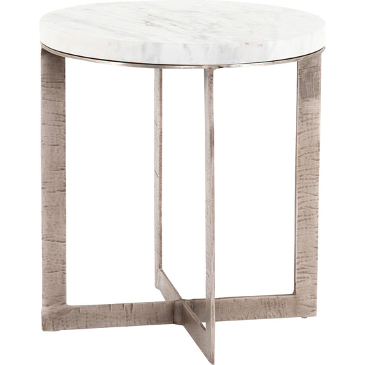 Lennie Round Nightstand by Four Hands in brushed nickel. Made from aluminum, solid marble in a modern style.