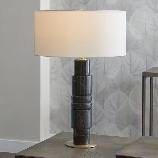 Dubois Table Lamp by Cyan Design in black. Made from iron, marble with off white linen shade in a modern style.
