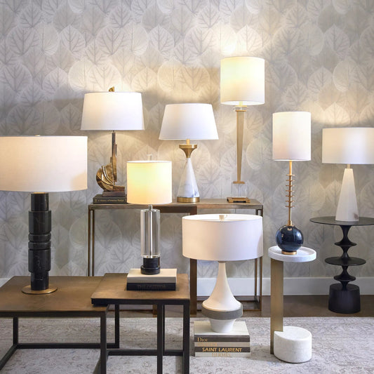 Sheridan Table Lamp by Cyan Design in gold, black. Made from iron, marble with white linen shade in a modern style.