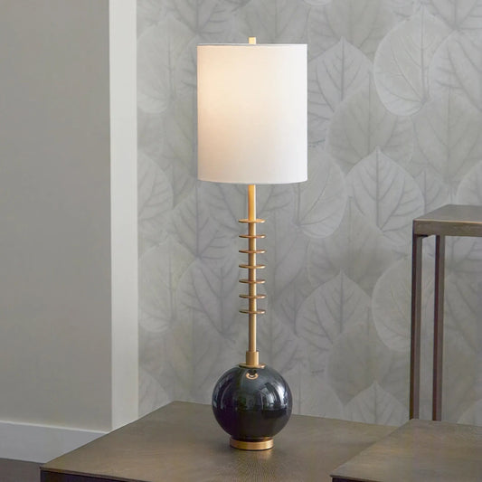 Sheridan Table Lamp by Cyan Design in gold, black. Made from iron, marble with white linen shade in a modern style.