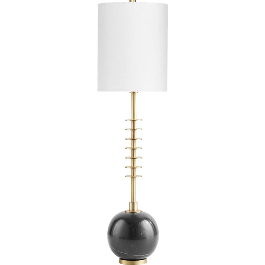 Sheridan Table Lamp by Cyan Design in gold, black. Made from iron, marble with white linen shade in a modern style.