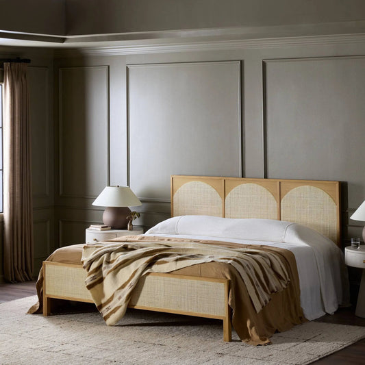 Allegra Bed by Four Hands in honey oak veneer, honey oak, light natural cane and honey oak. Made from cane, solid oak, oak veneer in a rustic style.