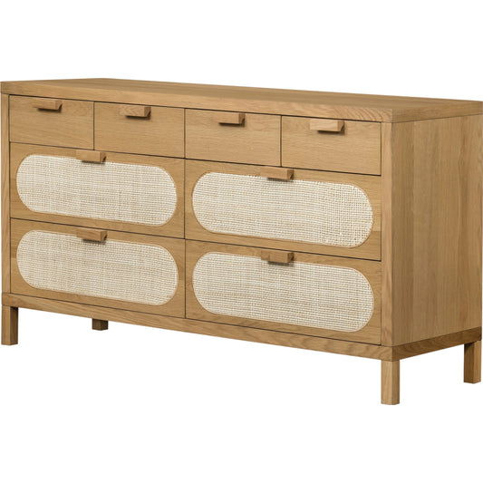 Allegra 8 Drawer Dresser by Four Hands in light natural cane, honey oak veneer. Made from cane, oak veneer in a rustic style.
