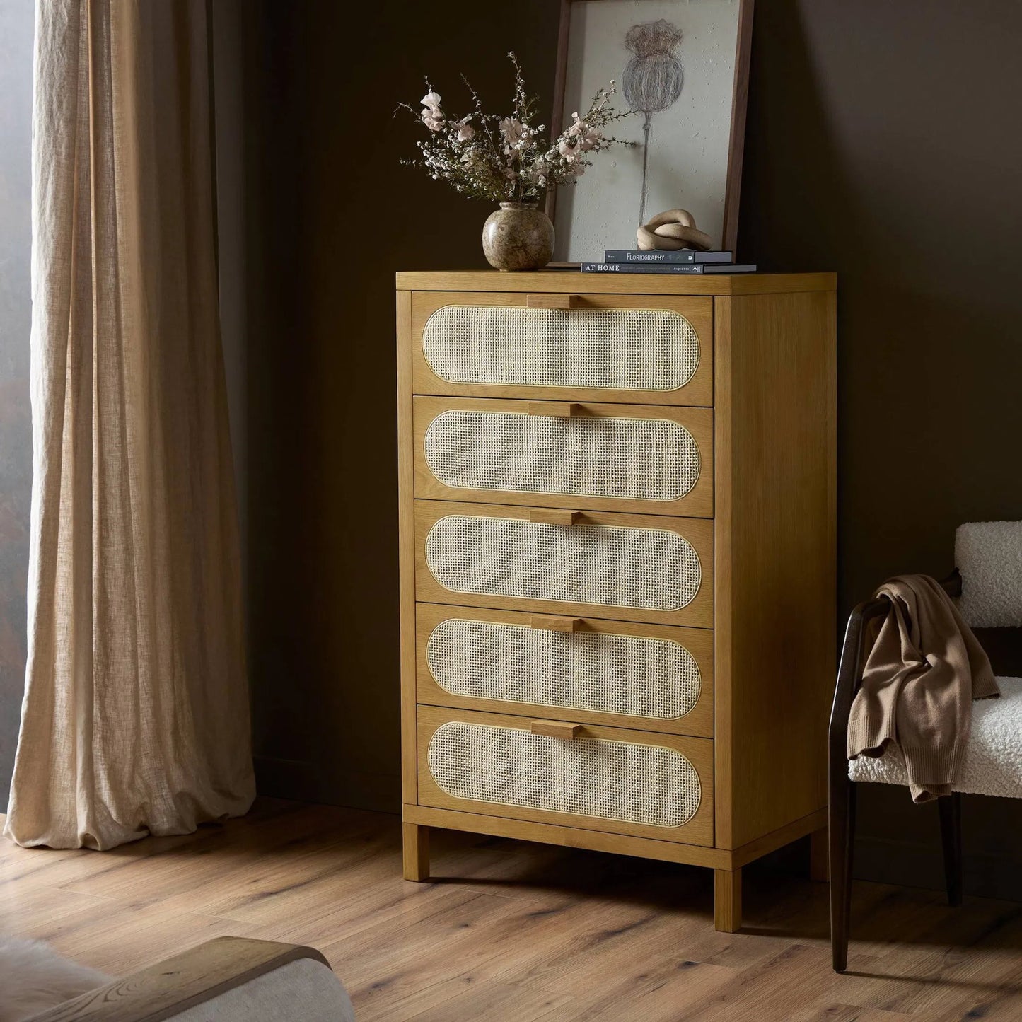 011 SI-1714145 | Lifestyle | Allegra 5 Drawer Dresser by Four Hands in honey oak veneer, light natural cane, honey oak and honey oak. Made from oak veneer, cane, solid oak in a rustic style.