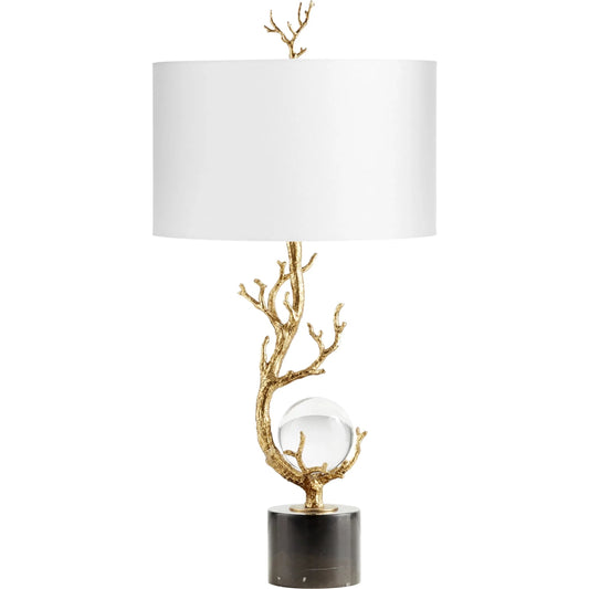 Autumnus Table Lamp by Cyan Design in gold leaf. Made from iron, crystal, marble with white linen shade in a transitional style.