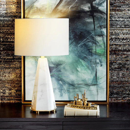 Athena Table Lamp by Cyan Design in white. Made from marble with white linen shade in a modern style.