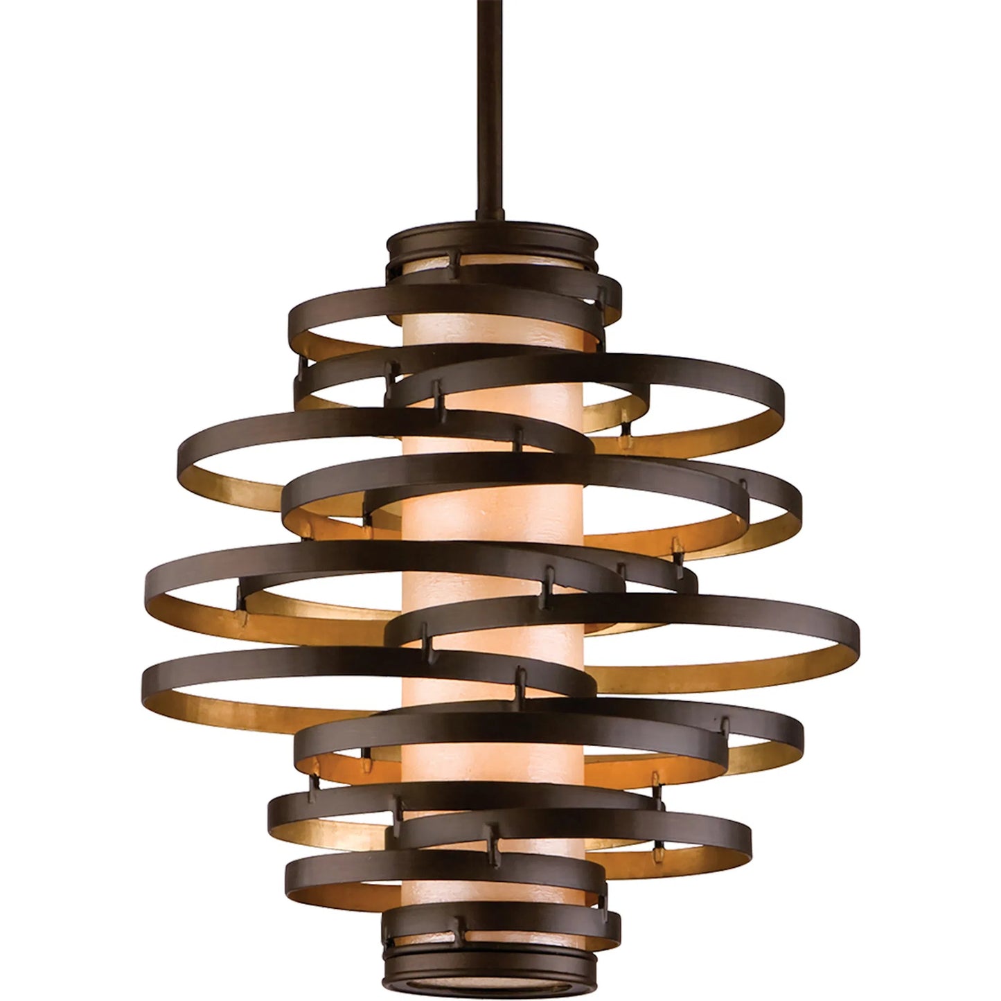 001 SI-2328425 | Primary Silo | Vertigo Pendant by Corbett in bronze leaf, gold leaf. Made from hand crafted iron in a unique style.