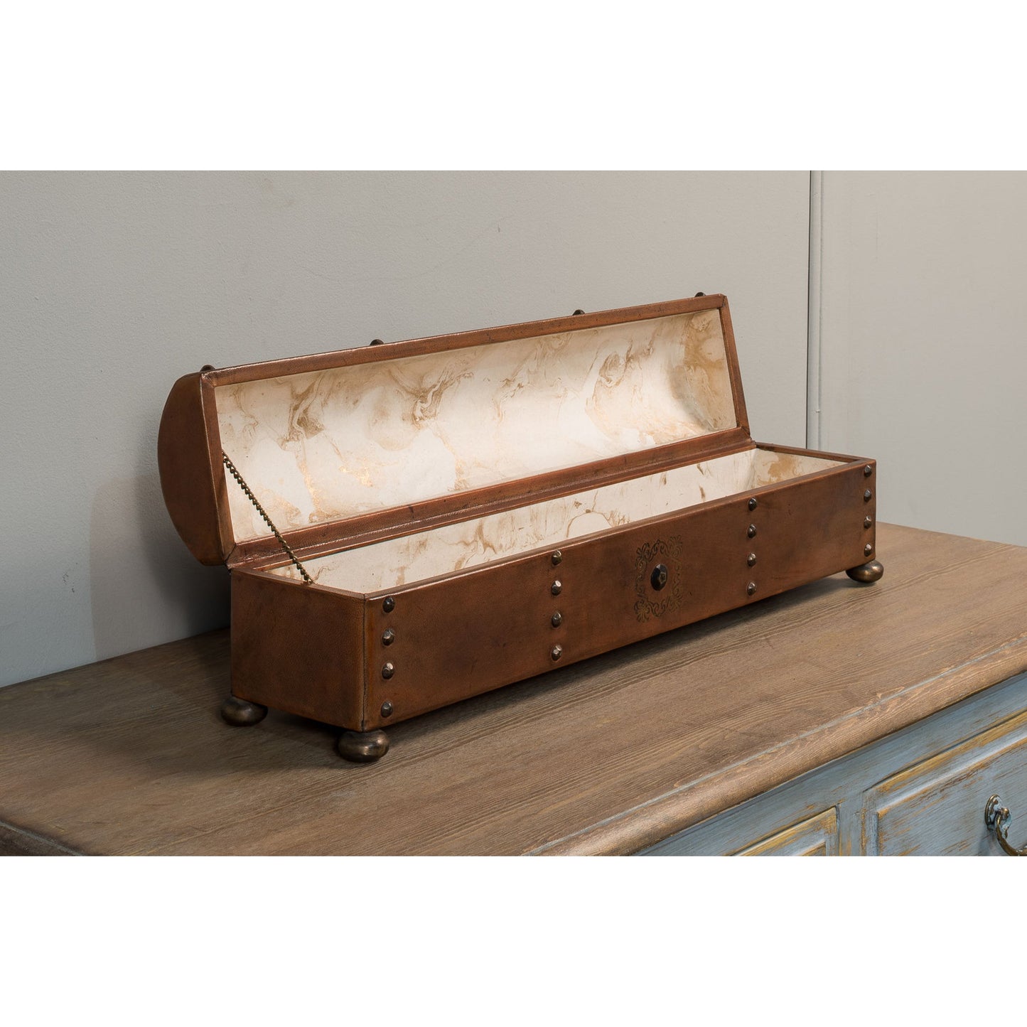 004 S-242759 | Lifestyle | Telescope Leather Box by Sarreid Ltd. in brown and hinged lid w/paper lined interior. Made from wood, leather in a cottage & farmhouse style.