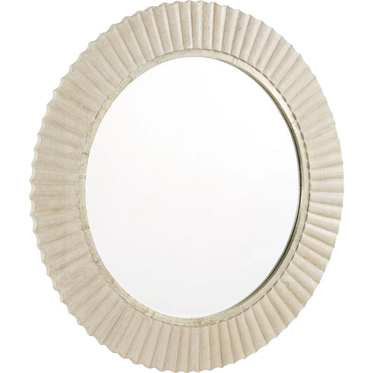 Estriada Round Mirror by Cyan Design in cerused white. Made from mango wood, mirrored glass in a modern style.