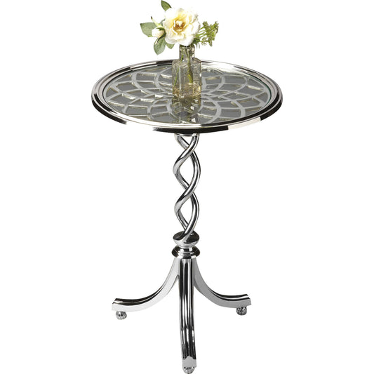 Isidora Modern Accent Table by Butler Specialty Company in silver and modern expressions. Made from cast aluminum, tempered glass, iron components in a modern style.