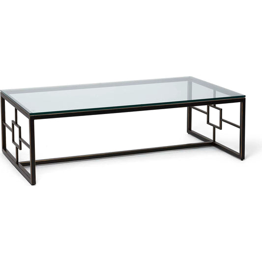 Somrig Cocktail Table by Interlude Home in gilded bronze, clear. Made from iron, glass in a modern style.