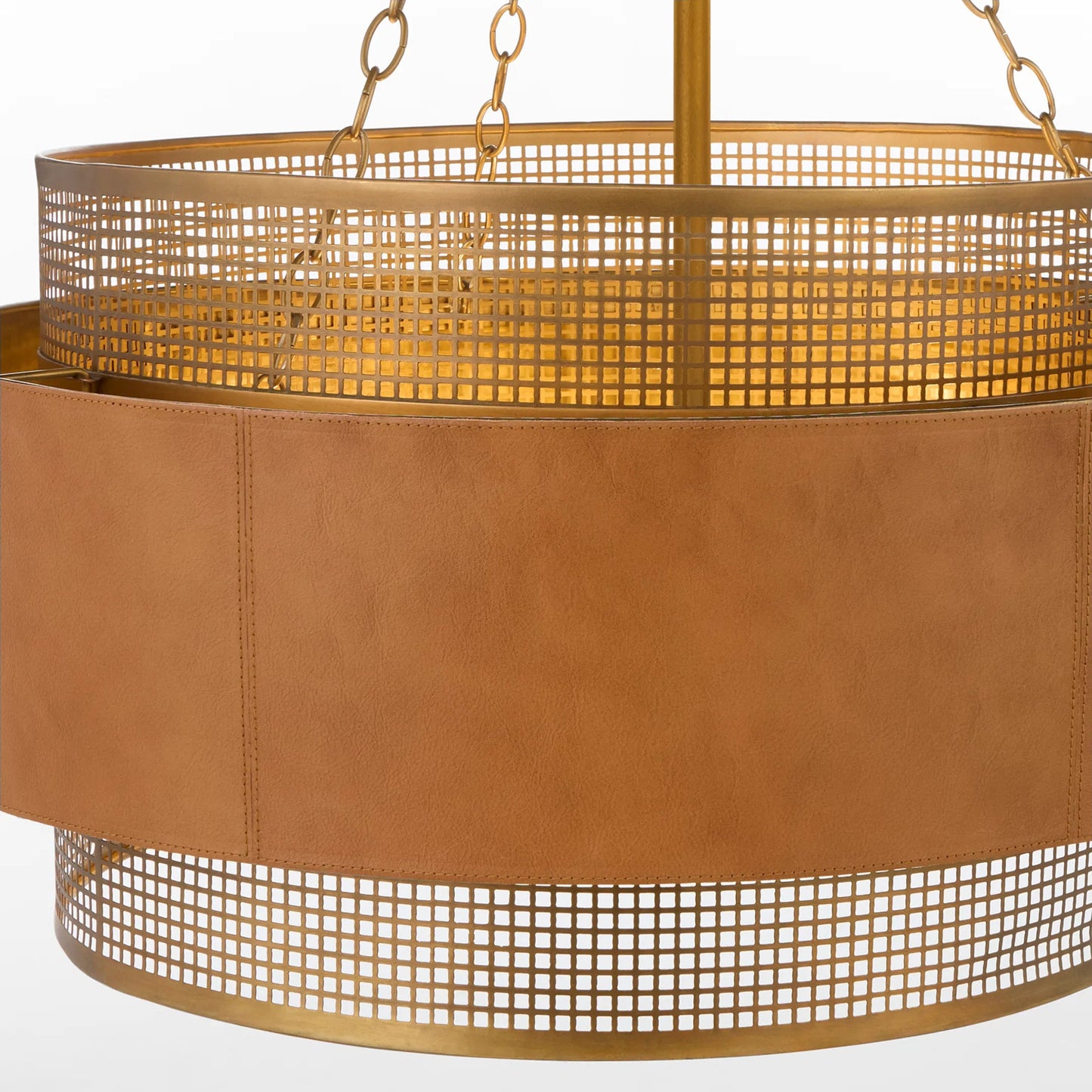 003 SI-2328696 | Closeup | Newcomb Chandelier by Cyan Design in aged brass, brown. Made from metal, leather in a unique style.