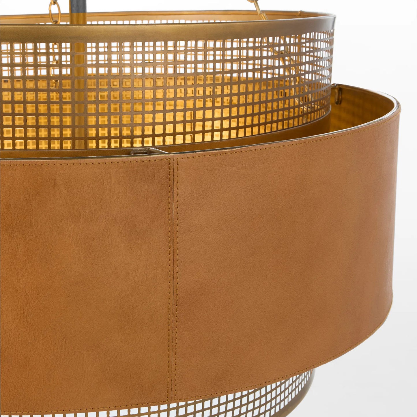 004 SI-2328696 | Closeup | Newcomb Chandelier by Cyan Design in aged brass, brown. Made from metal, leather in a unique style.