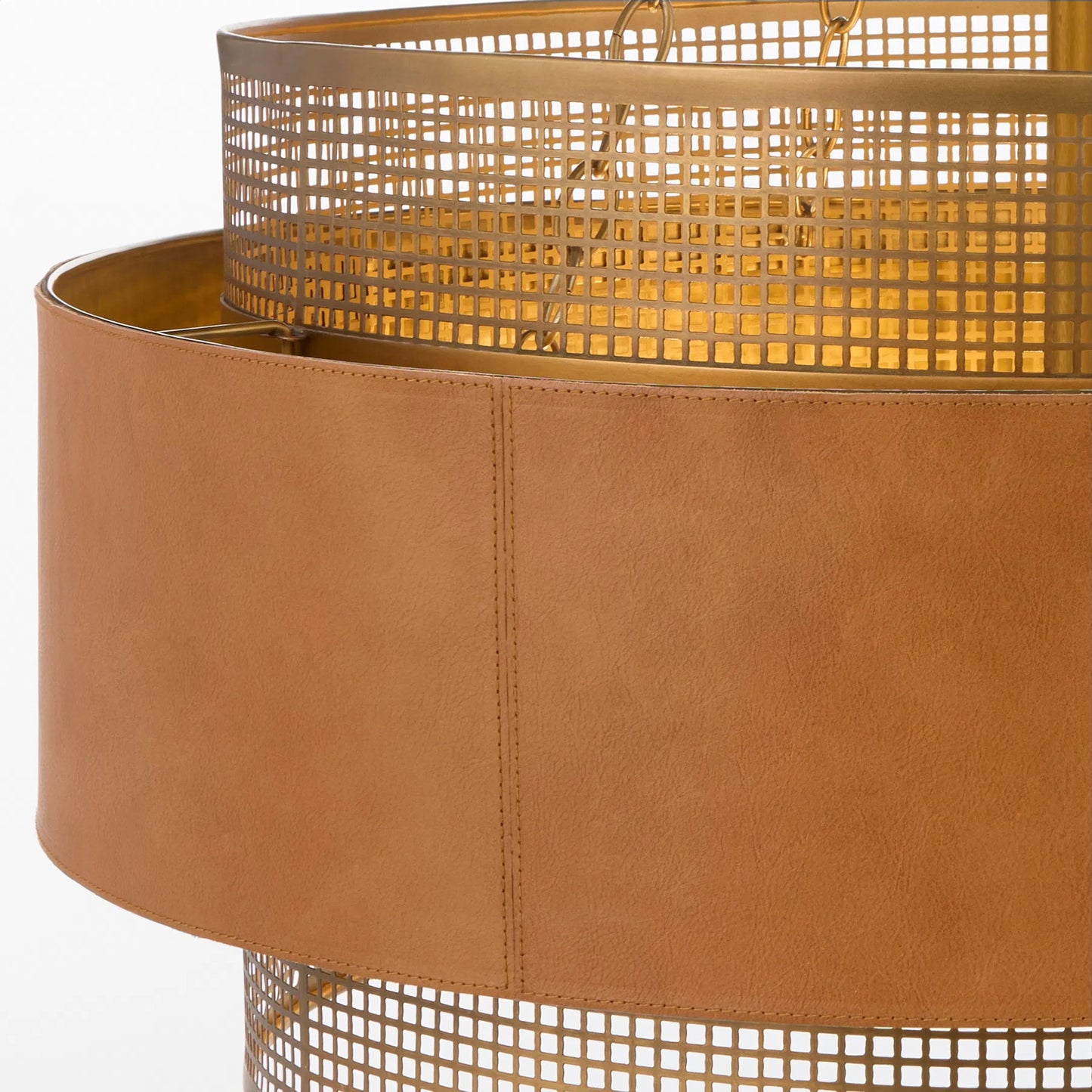 002 SI-2328696 | Closeup | Newcomb Chandelier by Cyan Design in aged brass, brown. Made from metal, leather in a unique style.