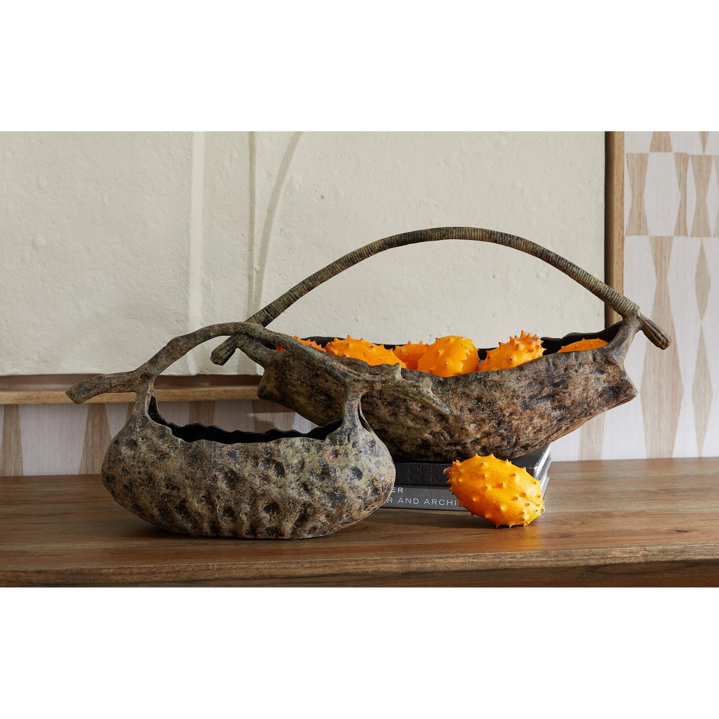 006 SI-2328636 | Lifestyle | Hobitt Basket by Cyan Design in aged ochre. Made from cast aluminum in a rustic style.