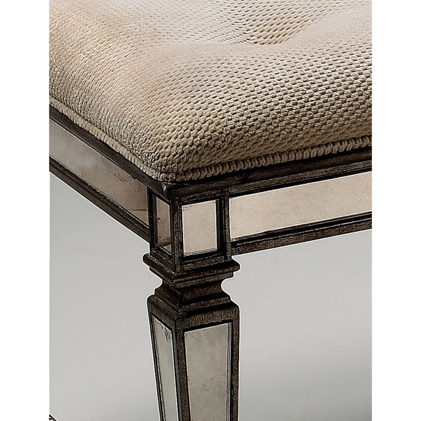 002 O-BUTLER-1214146 | Closeup | Celeste Mirrored Vanity Seat by Butler Specialty Company in silver and mirror. Made from poplar solids, mdf, antique mirrored glass, cotton, urethane foam in a traditional style.