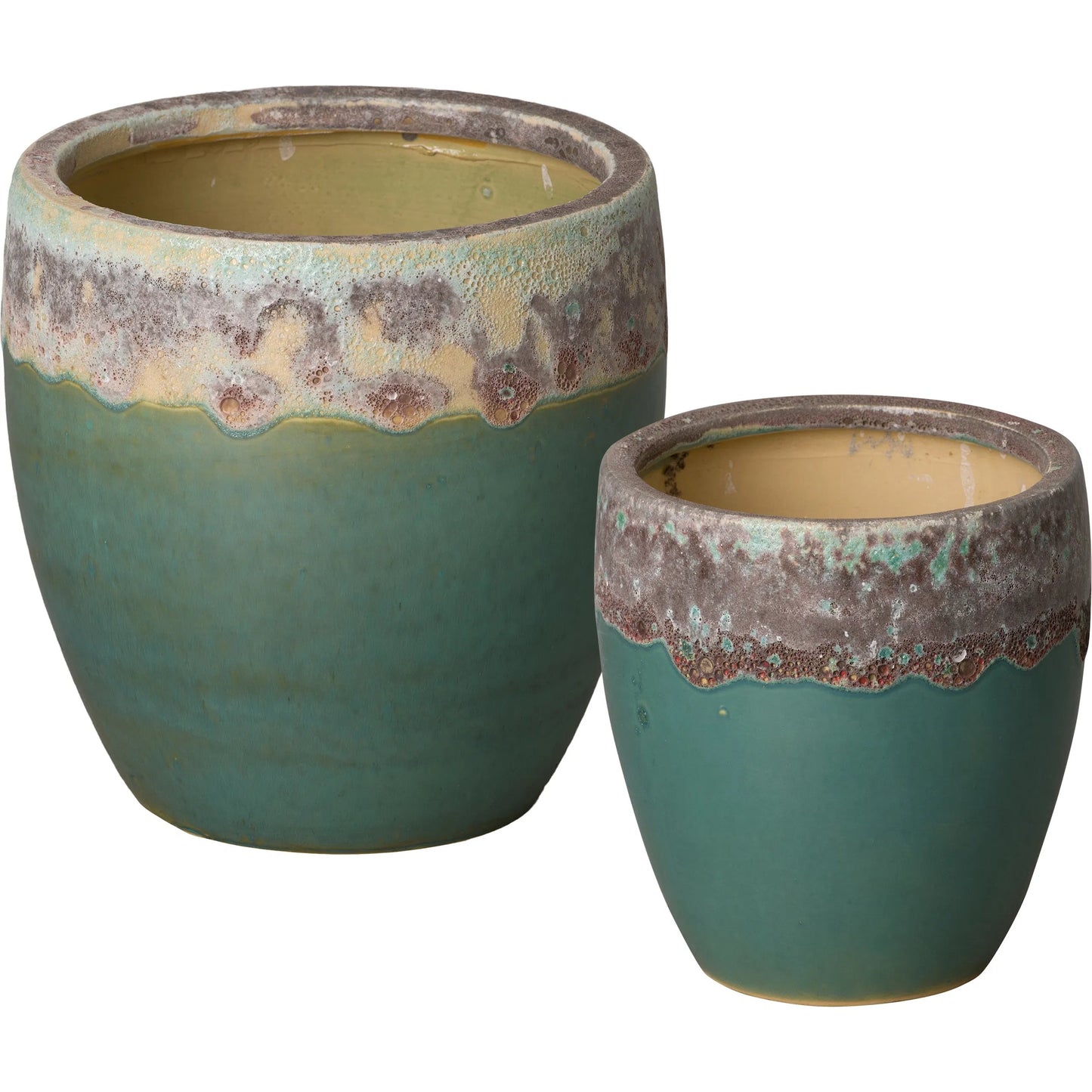 000 SI-2630541 | Primary Silo | Round Indoor/Outdoor Planters (Set of 2) by Emissary in reef, teal and glossy glaze. Made from ceramic in a unique style.
