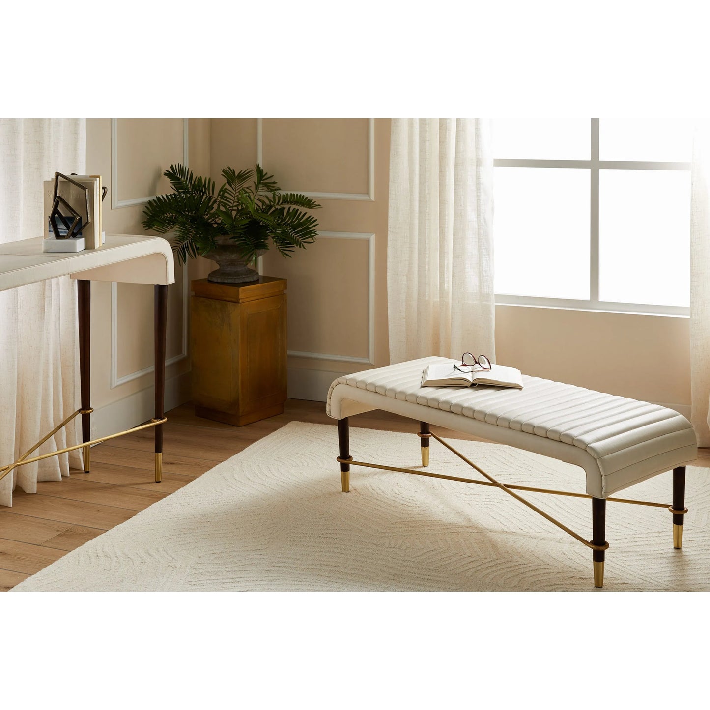 004 SI-2328572 | Lifestyle | Channel Bench by Cyan Design in off white, walnut. Made from leather, mdf, brass in a transitional style.