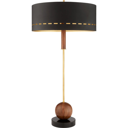 Savile Table Lamp by Cyan Design in walnut, antique brass, black. Made from aluminum, brass, acacia wood in a modern style.