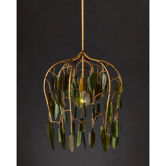 Midsummer Pendant by Currey and Company in brass, green. Made from wrought iron, recycled bottle glass in a modern style.