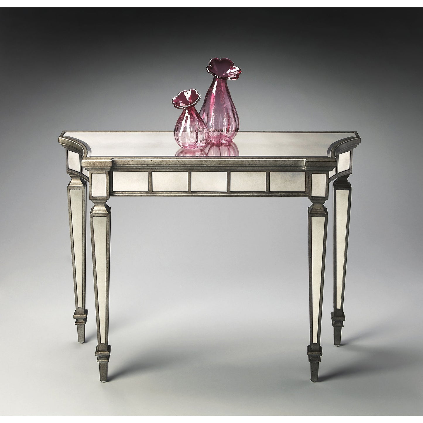 003 O-BUTLER-1251146 | Additional Silo | Garbo Mirrored Console Table by Butler Specialty Company in silver and mirror. Made from poplar solids, mdf, antique mirrored glass in a traditional style.