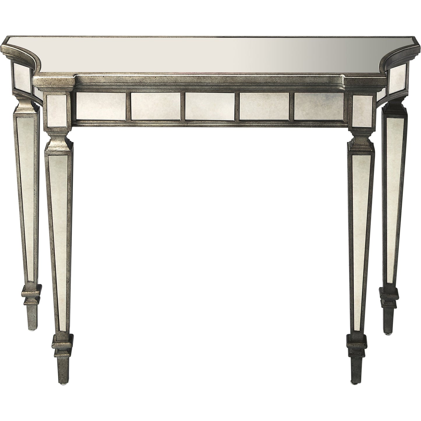 001 O-BUTLER-1251146 | Additional Silo | Garbo Mirrored Console Table by Butler Specialty Company in silver and mirror. Made from poplar solids, mdf, antique mirrored glass in a traditional style.