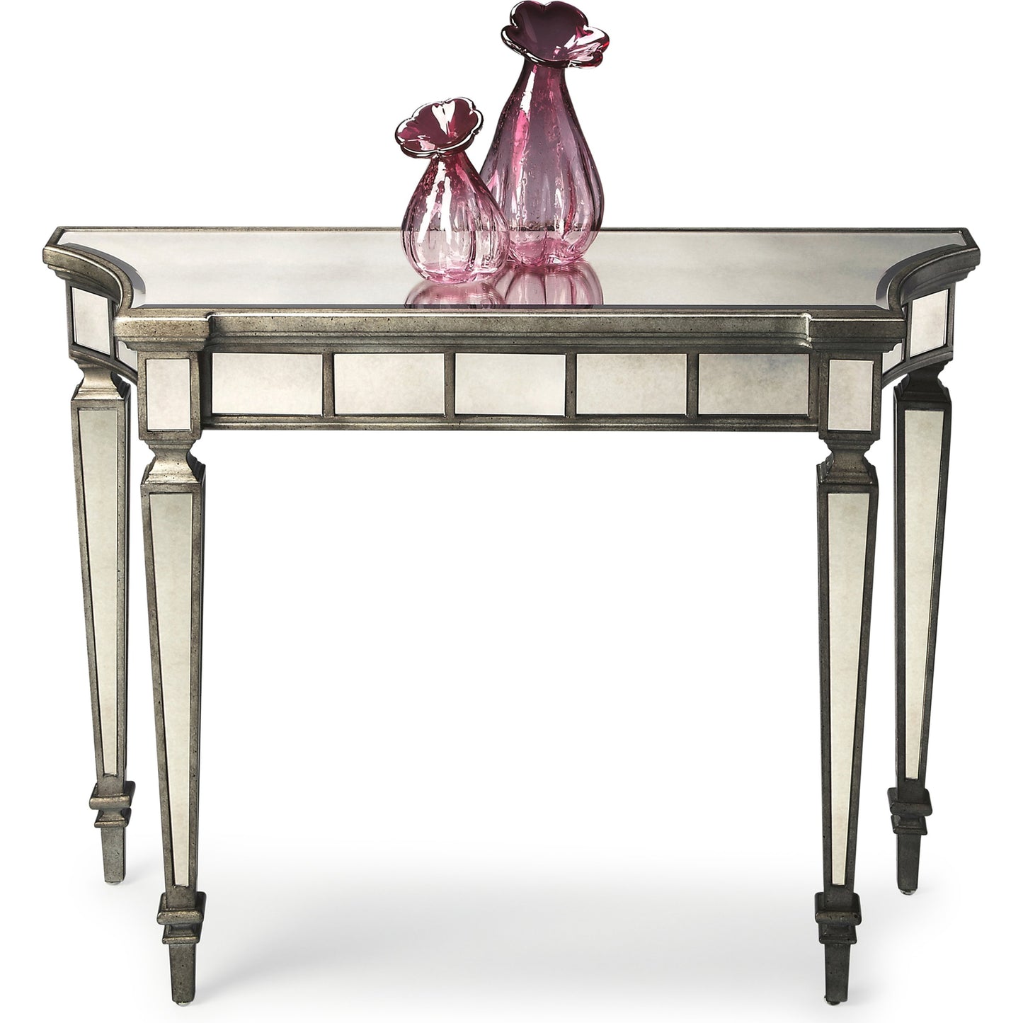 002 O-BUTLER-1251146 | Additional Silo | Garbo Mirrored Console Table by Butler Specialty Company in silver and mirror. Made from poplar solids, mdf, antique mirrored glass in a traditional style.