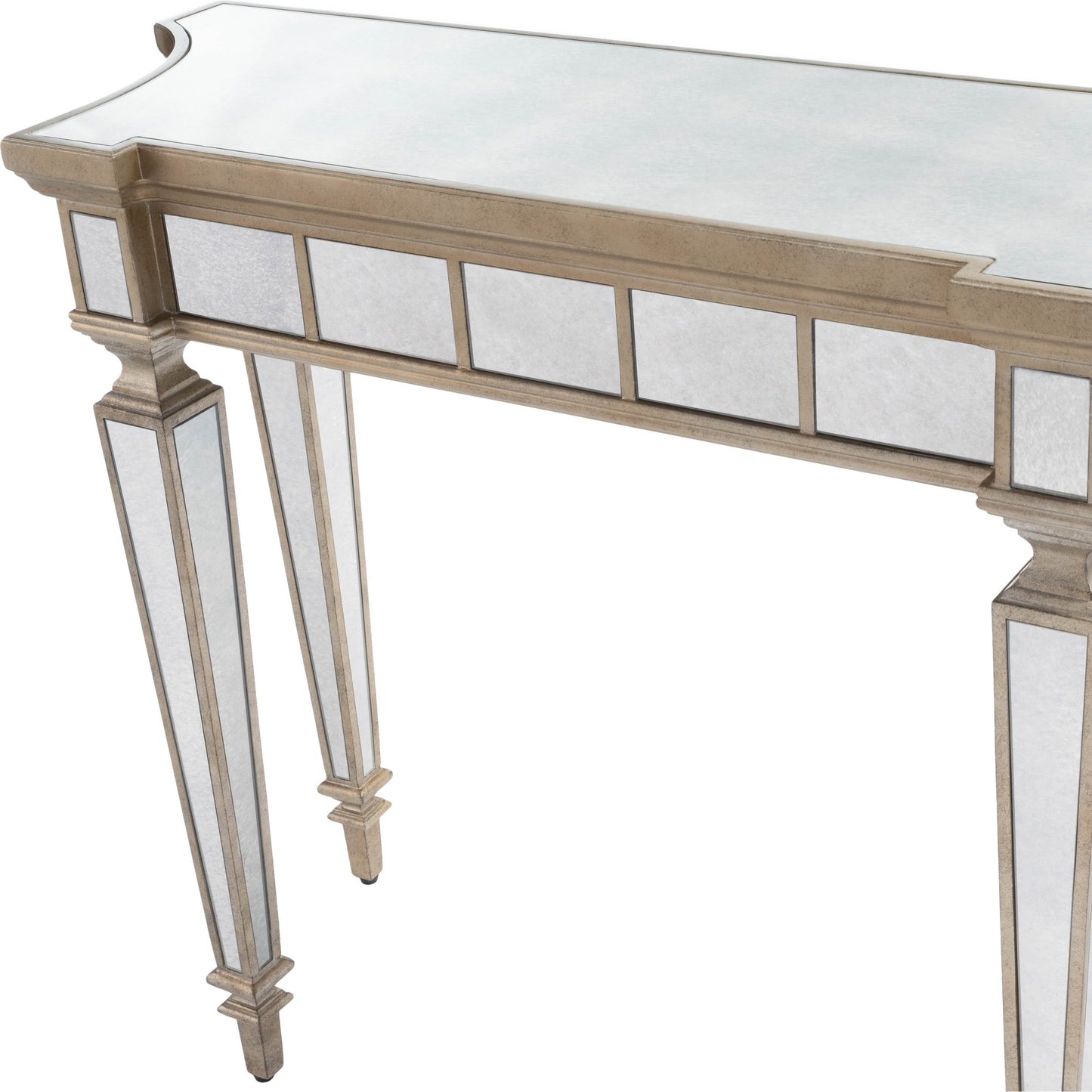 010 O-BUTLER-1251146 | Additional Silo | Garbo Mirrored Console Table by Butler Specialty Company in silver and mirror. Made from poplar solids, mdf, antique mirrored glass in a traditional style.