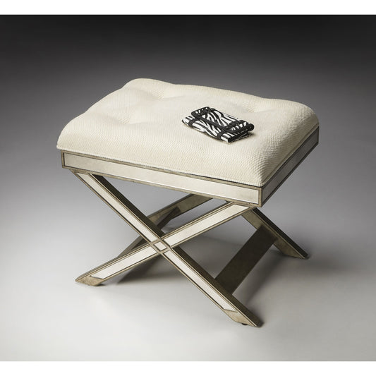 Marlo Mirrored Vanity Stool by Butler Specialty Company in silver and mirror. Made from poplar hardwood solids, mdf, antique mirrored glass, cotton, urethane foam in a traditional style.