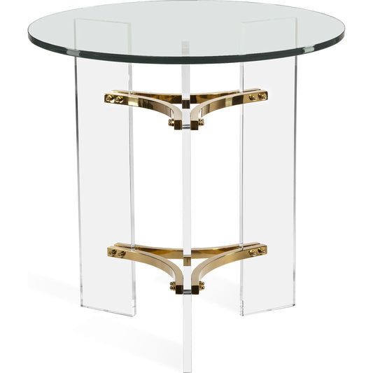 Tamara Side Table by Interlude Home in clear, polished brass. Made from acrylic, glass, stainless steel in a modern style.