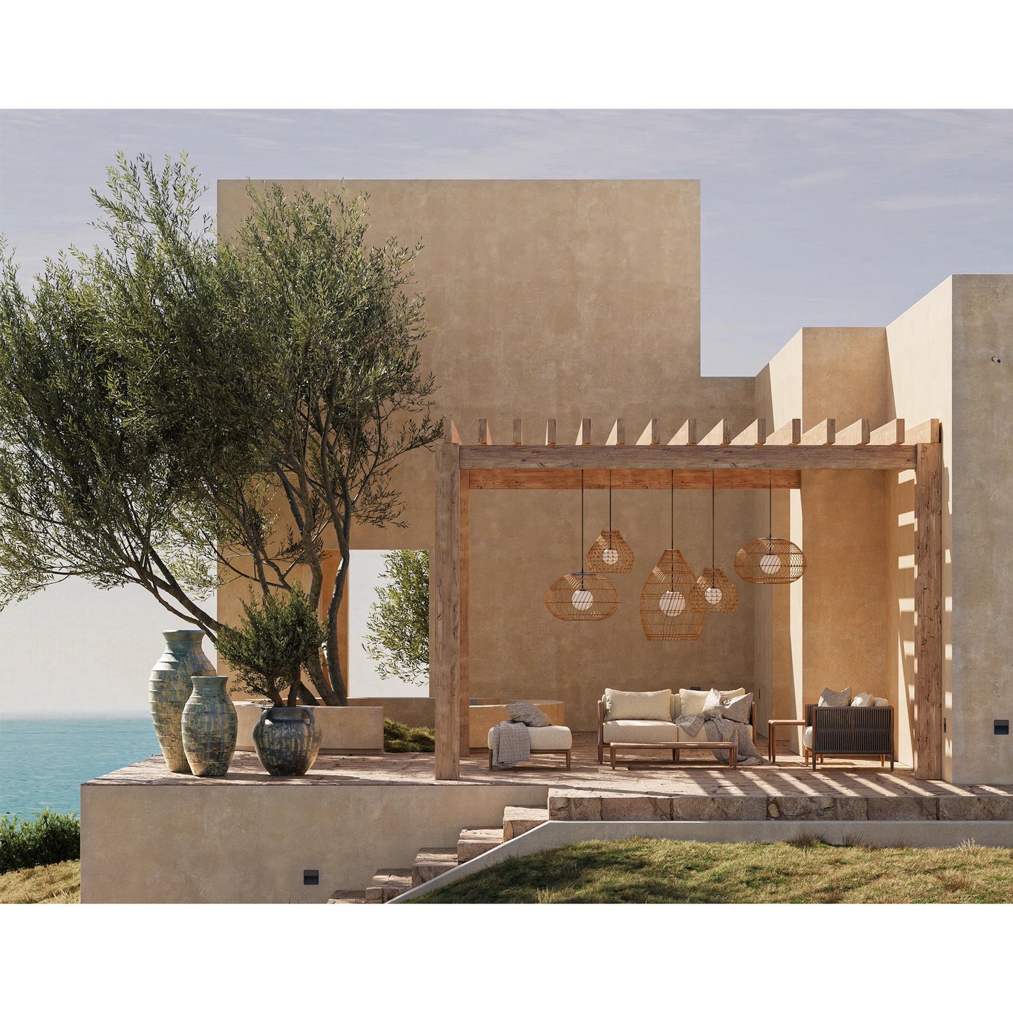 008 SI-2387025 | Lifestyle | Fishtrap Outdoor Pendant by Currey and Company in natural, black, frosted white. Made from all-weather wicker, metal, glass in a rustic style.